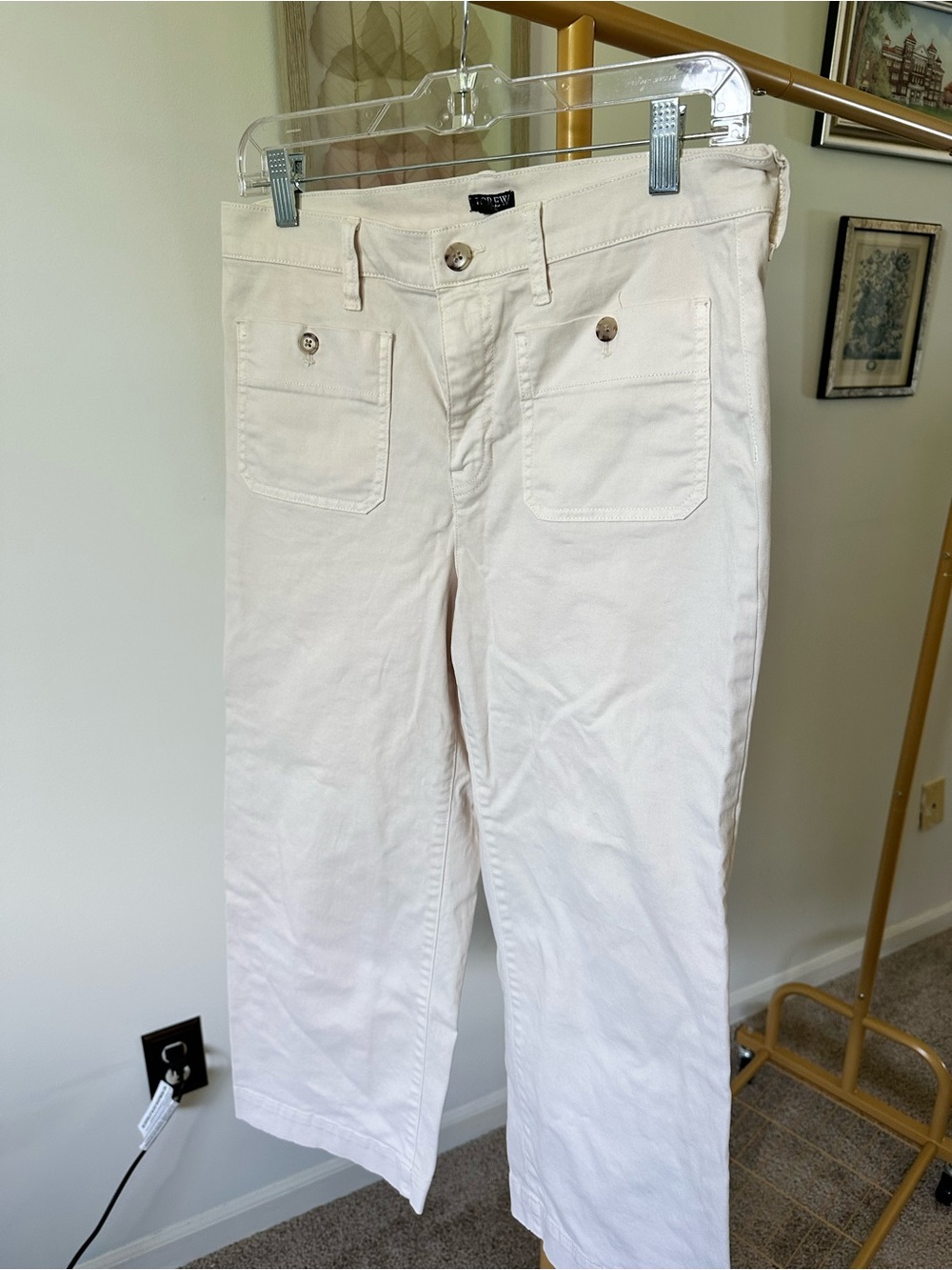 J Crew Women's Cream Straight-Leg Trouser Style Pants with Front Patch Pockets